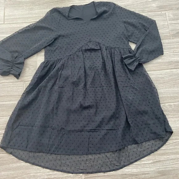 Black Long Sleeve Lace Mini Dress Polka Dot Pattern - Picture 3 of 6